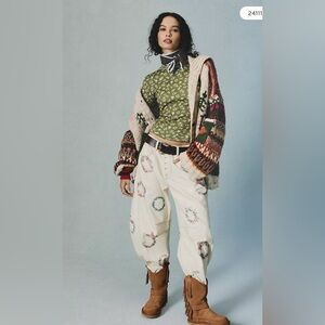 We the free GOOD LUCK PRINTED BARREL JEANS retail 148 watercolor wreath